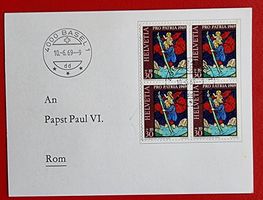 PRO PATRIA 144 VIERERBLOCK BASEL KARTE AN PAPST VATIKAN 1969
