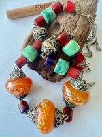 Ethno-Collier Tibet Stil Bernstein-, Korallen- & Türkisoptik
