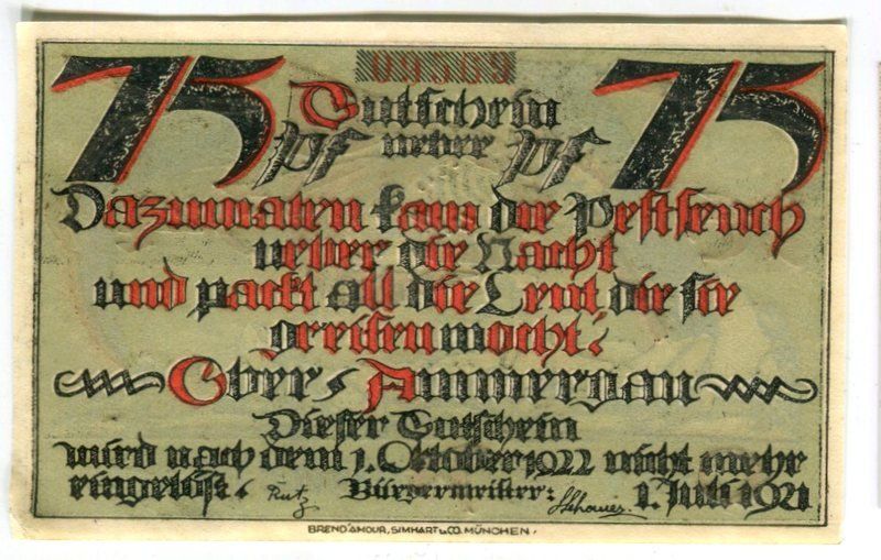 Banconote: Notgeld "75 Pfennig. Oberammergau 1921" – Usato da Basel venduto da Butsch5 1