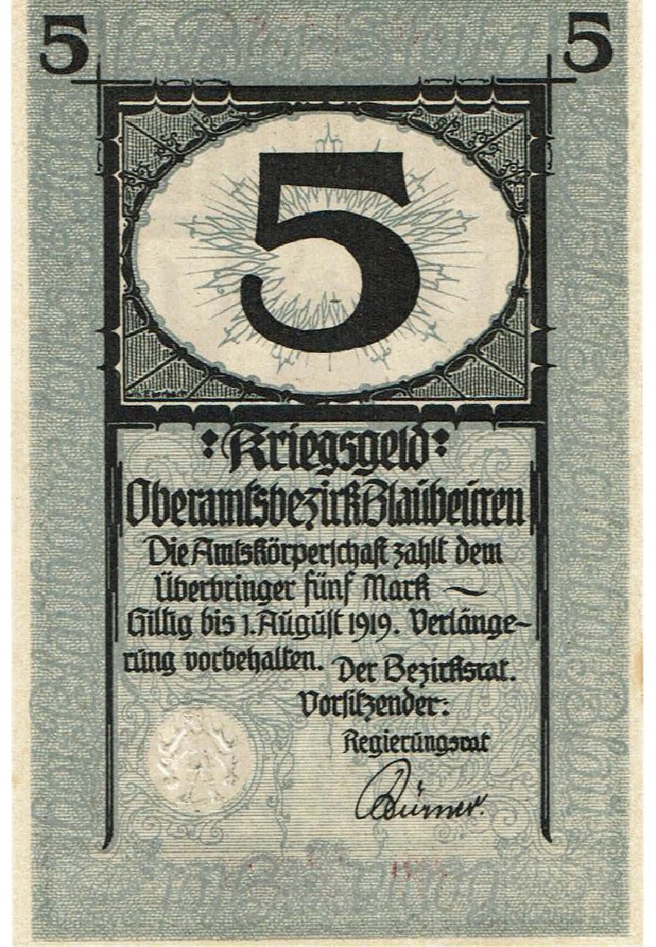Banconote: Blaubeuren 5 Mark 01.08.1919VZ+-VZ++ – Usato da Steffisburg venduto da ber_8htf 1
