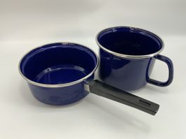 Vintage Emaille Topf und Becher Set - Dunkelblau
