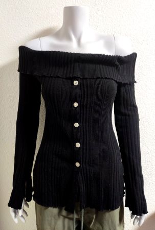 Off-Shoulder Rippstrick Pullover dekorative Knöpfen Gr. S