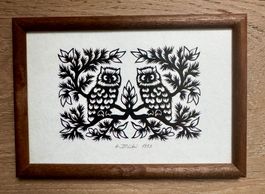 Kleiner Scherenschnitt Bild Hedy Bürki Original Eule Eulen