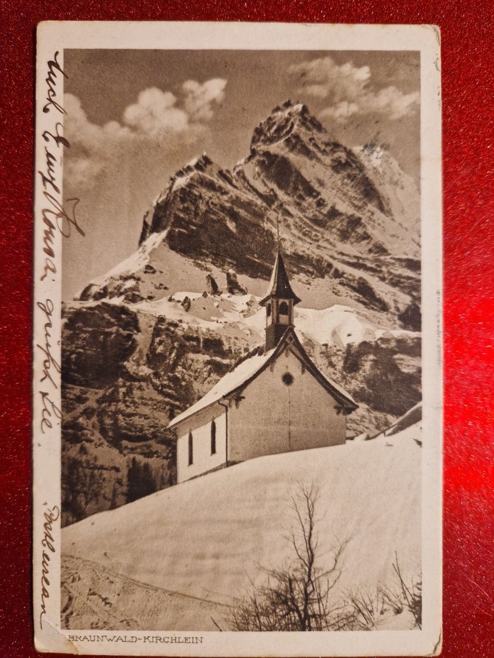 Cartoline postali: Braunwald Kirchlein mit Winterlandschaft 1917 – Usato da Melchnau venduto da Fishel