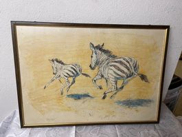 Fritz Hug (1921-1989) >> Zebras auf der Flucht>>  Farblitho