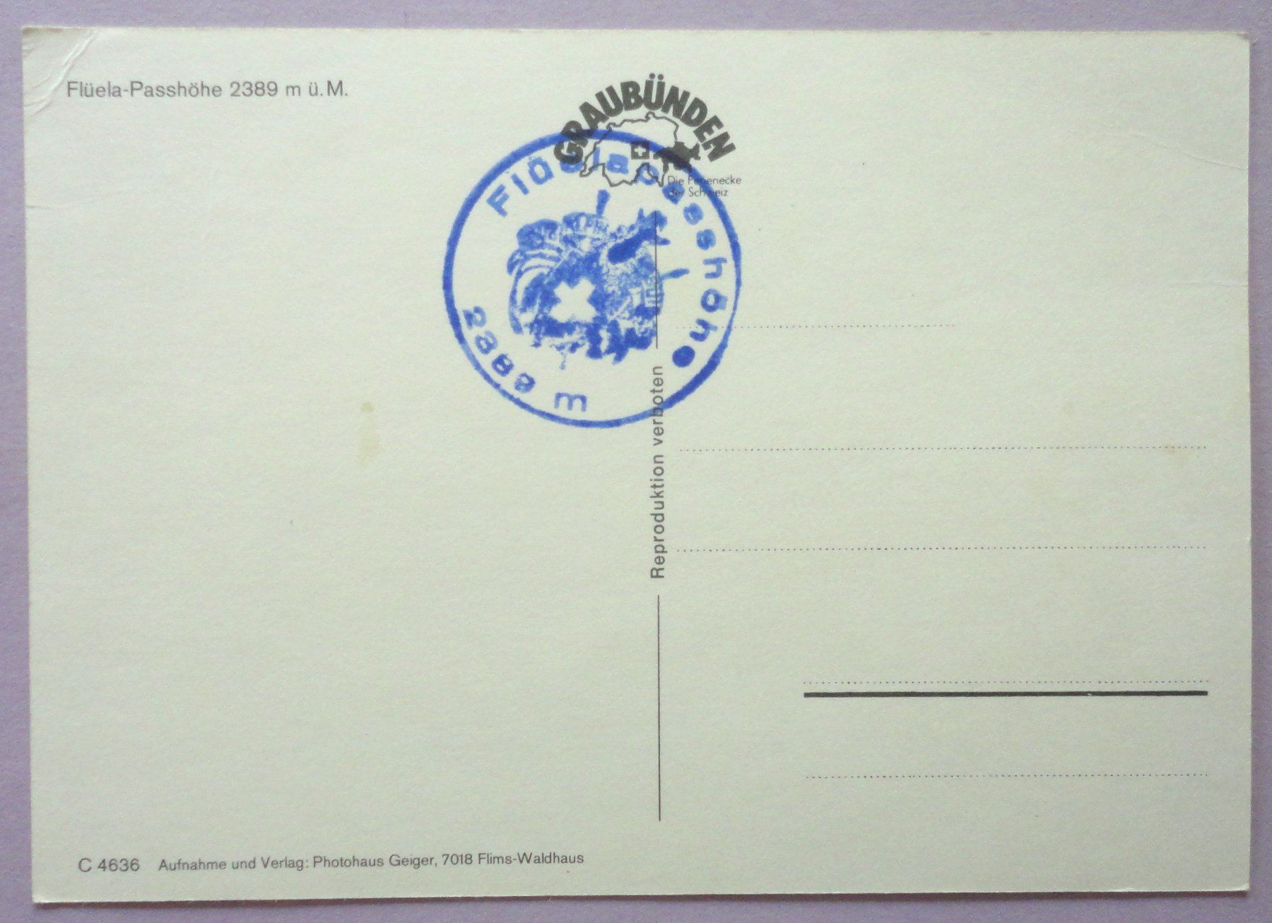 Cartoline postali: Flüela-Passhöhe 2389 m ü.M. – Difettoso da Fétigny venduto da Billy2miny 1