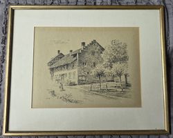 FederZeichnung Haus mit Baum gerahmt guter Zustand. 