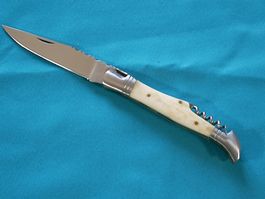 Laguiole Taschenmesser Edelstahl, Knochen-Griff, Lederetui
