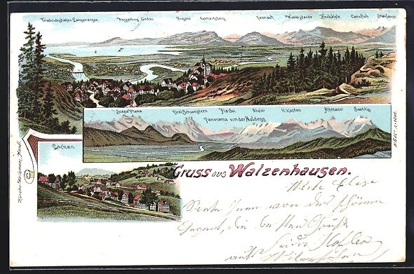 Ansichtskarten: Litho Walzenhausen, Ortsansicht mit Alpe – Gebraucht aus Berlin von bartko-reher
