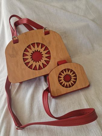 Designer-Set: Handtasche & Portemonnaie – Holz & Leder – NEU