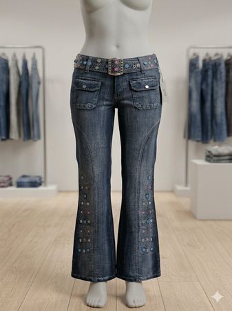 Jeans mit Stickereien, Schlaghose Y2K Style, 36Taille  80cm