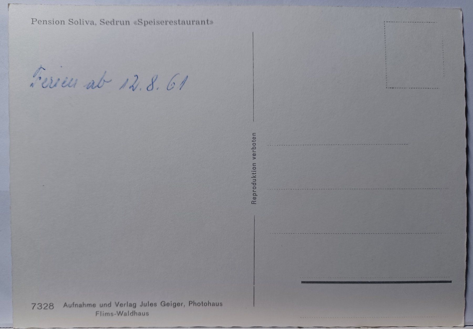 Cartoline postali: GR, Sedrun, Speiserestaurant , Pension Soliva – Usato da Aarau Rohr venduto da mgvw 1