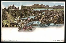 Litho Luzern, Totalansicht der Stadt, Be