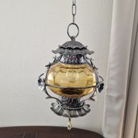 Vintage-Hängelampe aus Schmiedeeisen und bernsteinfarbenem G