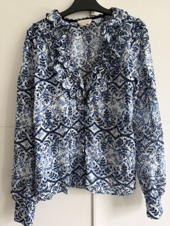 Sézane Bluse Gr. 36 – Blau/Weiss mit Stickerei & Volants