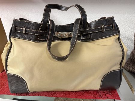 Handtasche Leder Stoff hellbraun dunkelbraun guter Zustand