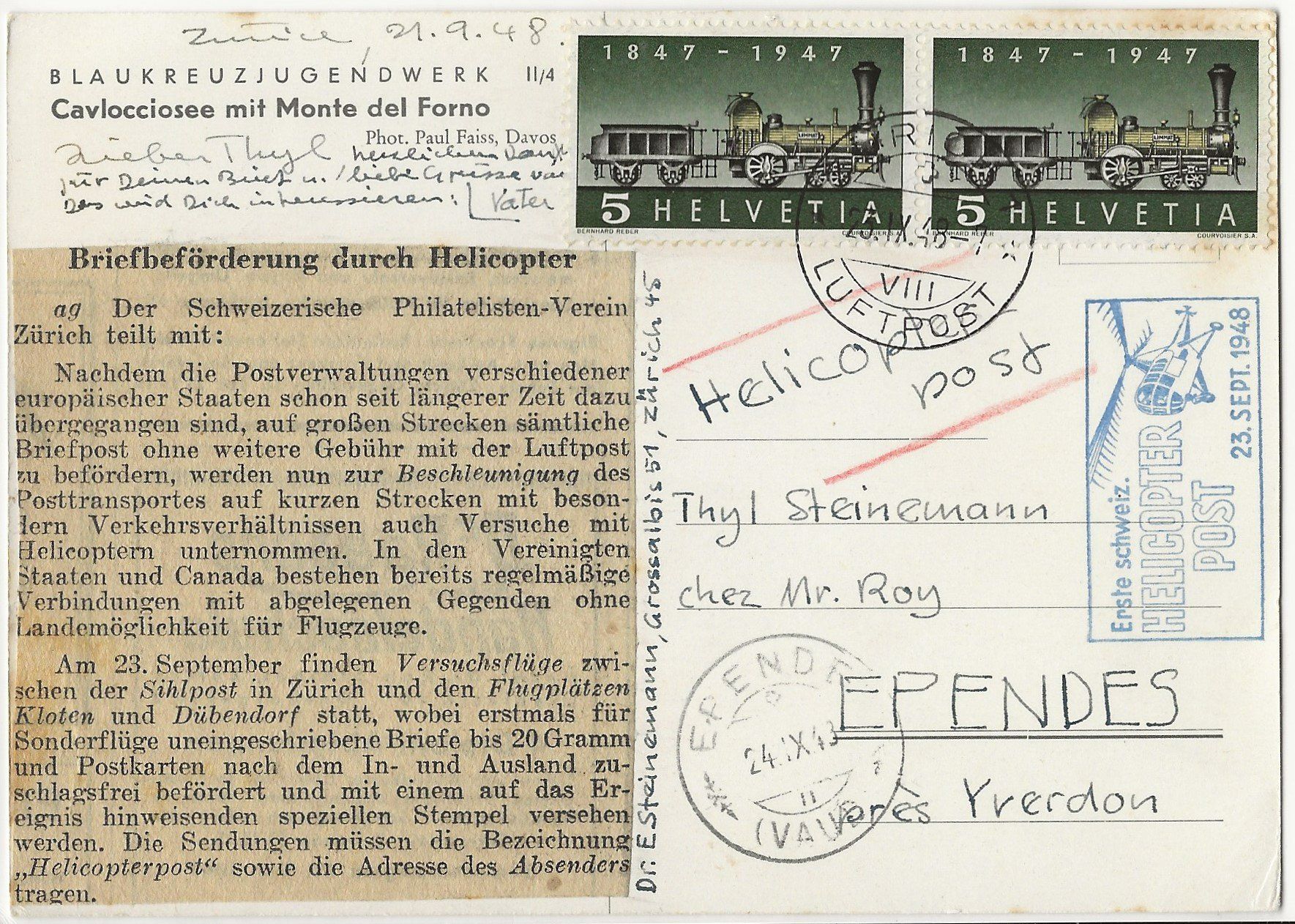 Tutti i francobolli: 1948 1. schweiz. Helikopter Post Versuchsflüge Privat illust – Usato da Müswangen venduto da buyin