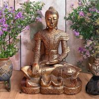 Holz Buddha Figur Mandalay Skulptur mit Blattvergoldung
