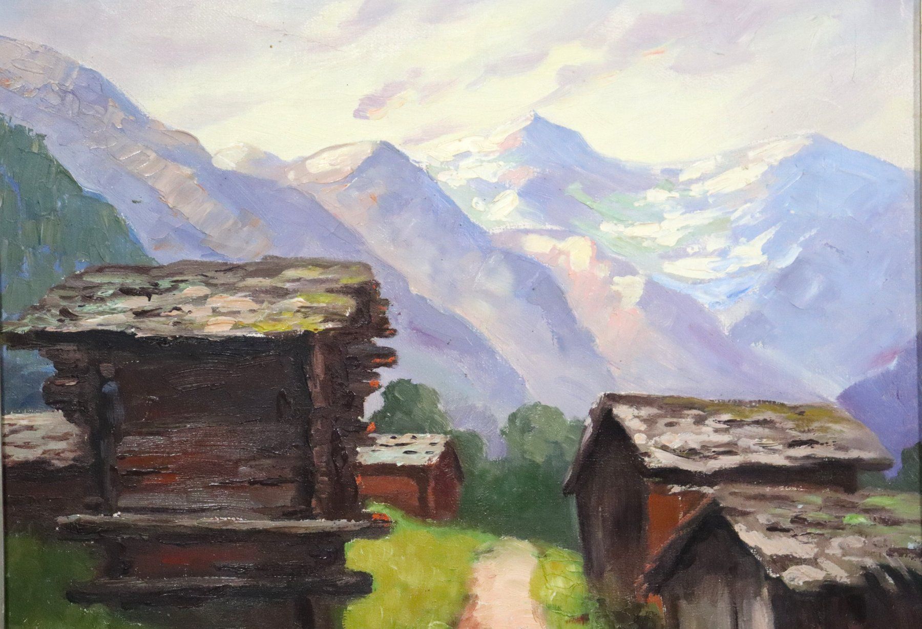 Dipinti: Landschaft mit Walliser Spycher, Gemälde mit Monogramm M R – Usato da Zug venduto da Kunst-Fundgrube 1