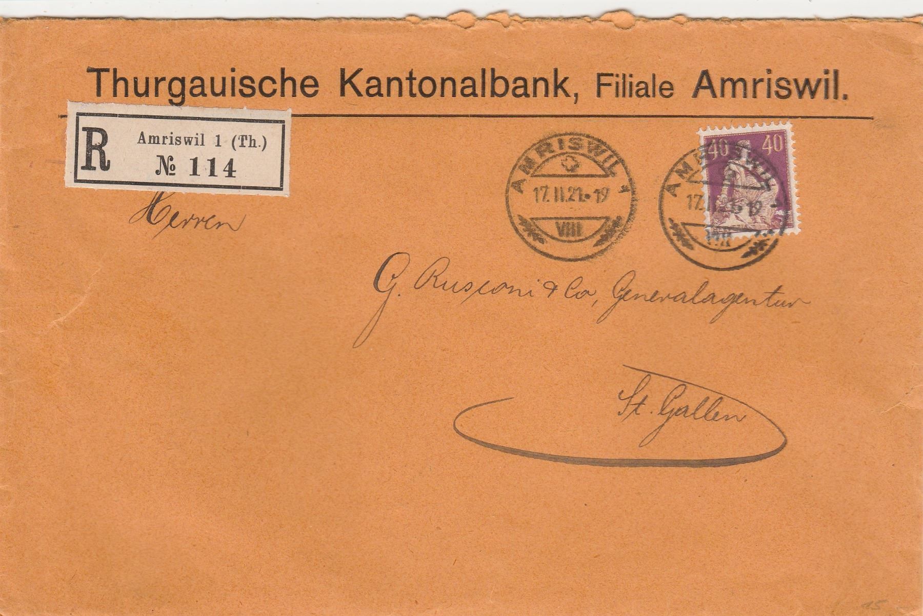 Tutti i francobolli: Amriswil-Brief per Einschreiben 1921 – Usato da uttwil venduto da Koehlerfred