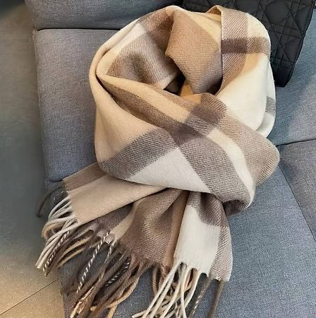Beige & Brown Checkered Scarf with Fringe