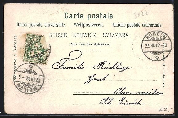 Ansichtskarten: AK Horgen, Ortsansicht mit Kirche, 1902 – Gebraucht aus Berlin von bartko-reher 1