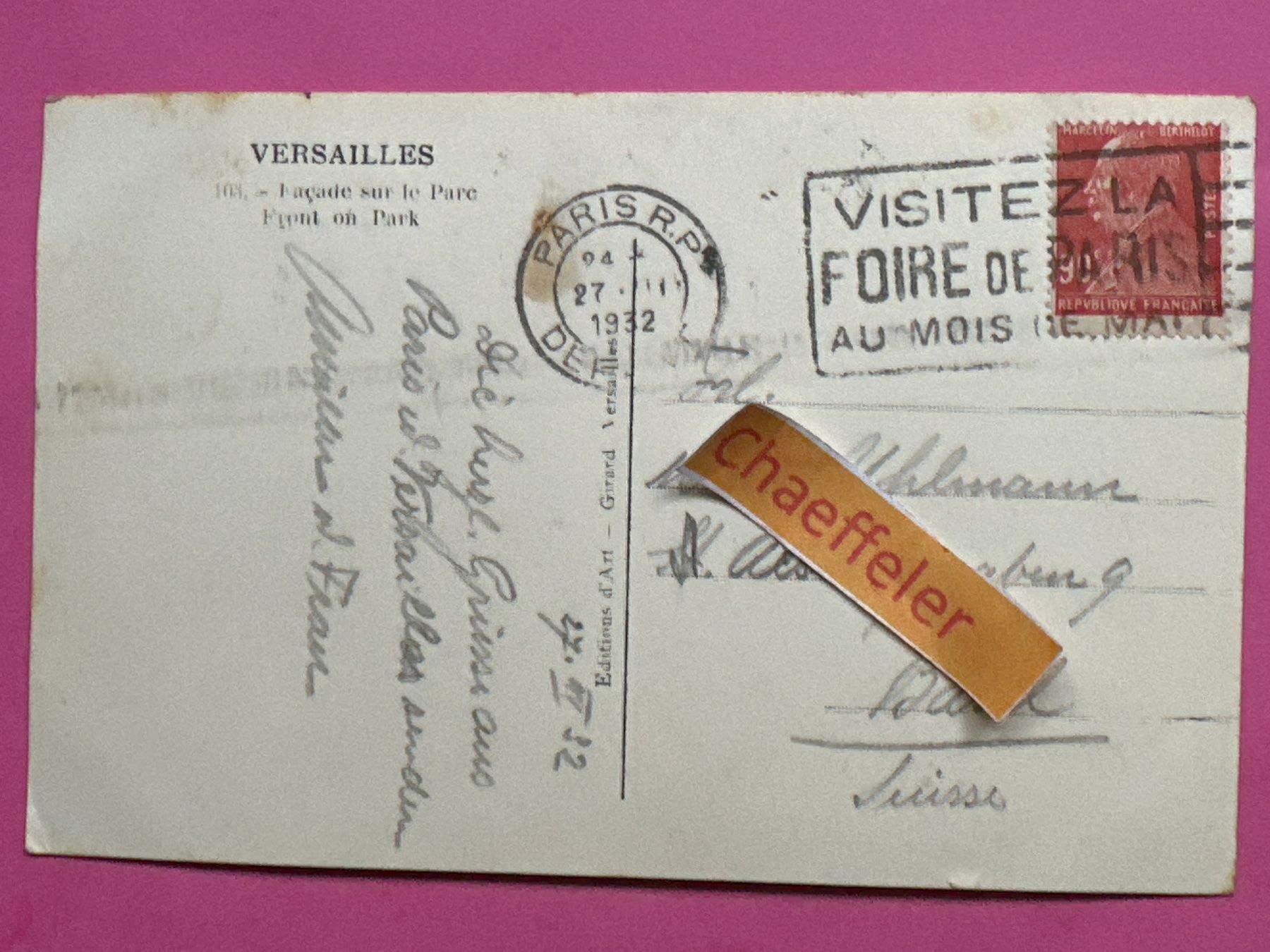 Ansichtskarten: 1932 Versailles, Façade sur le Parc – Gebraucht aus Zürich von Chaeffeler 1