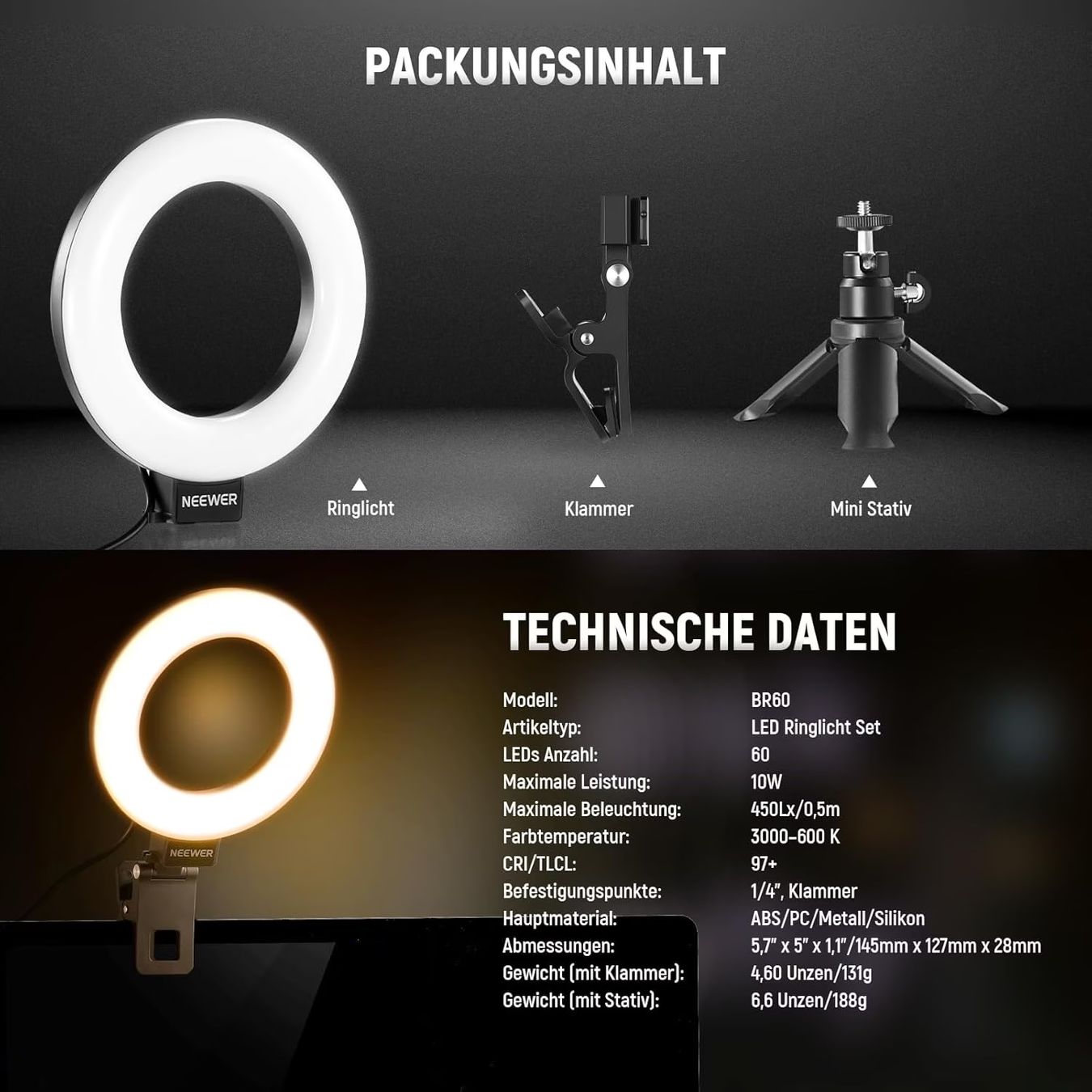 Lampade: Neewer Ringlicht dimmbar mit Tischstativ & Klemme – Usato da Lausanne venduto da AufLiebesehen 1