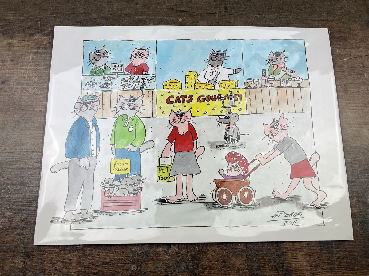 Dipinti: HP. Ehrat Cats Original Bild 2011 Katzenmarkt – Nuovo (secondo la descrizione) da Hallau venduto da R.R.91