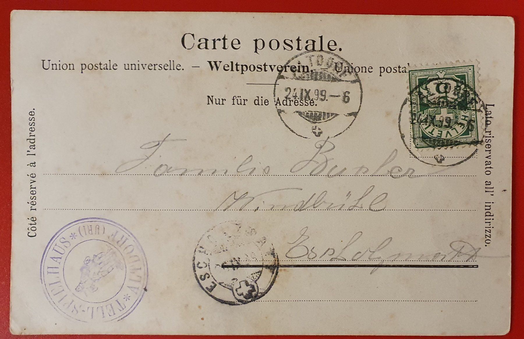 Cartoline postali: Flüelen mit Schlösschen Rudenz 1899 – Usato da Kreuzlingen venduto da Rschweiz1 1