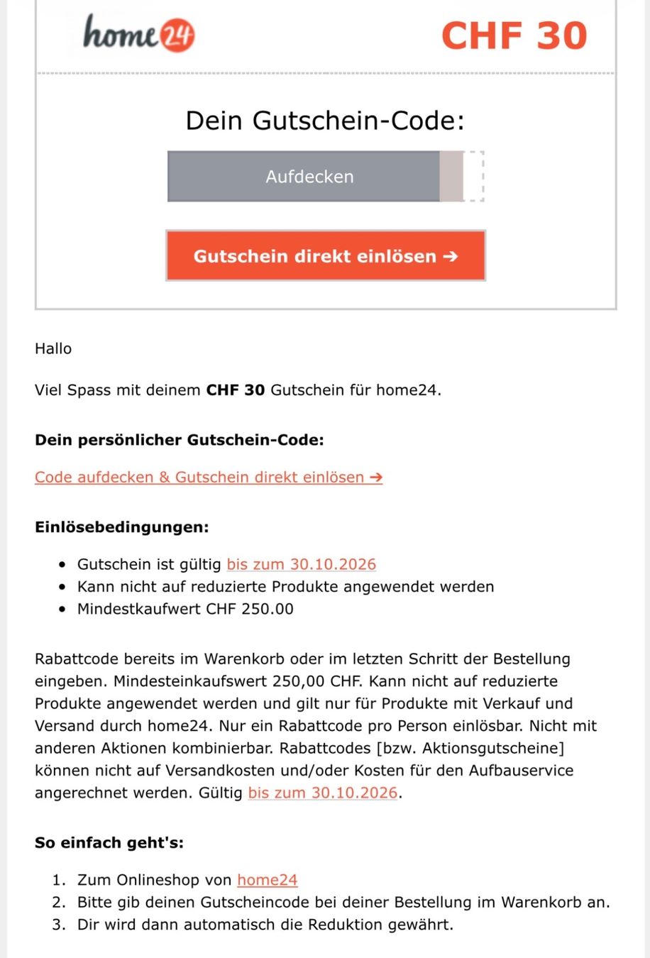 Bons: home24 Rabattcode 30.- (bis 30.10.26) – Neuf avec emballage d'origine à Glattpark(Opfikon) par ste_n99y