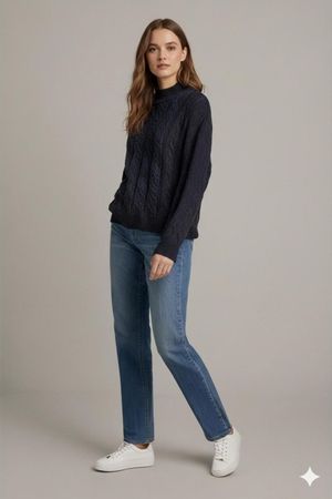 Schwarz & Marineblauer Zopfstrick-Rollkragenpullover