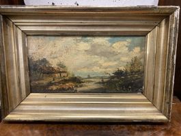 Peinture à l'huile ancienne, paysage de rivière paisible