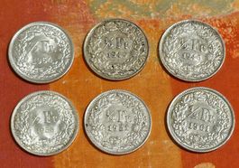 6x 1/2 Fr. Münzen verschiedene Jahrgänge