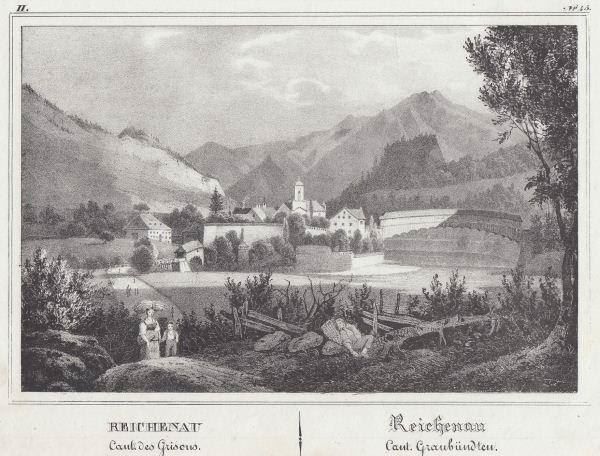 Incisioni: REICHENAU GRAUBÜNDEN, LITHOGRAPHIE 1840 – Antico da Grüningen venduto da Kartensammler 1