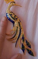 Spilla vintage pavone dorato e strass blu e verde