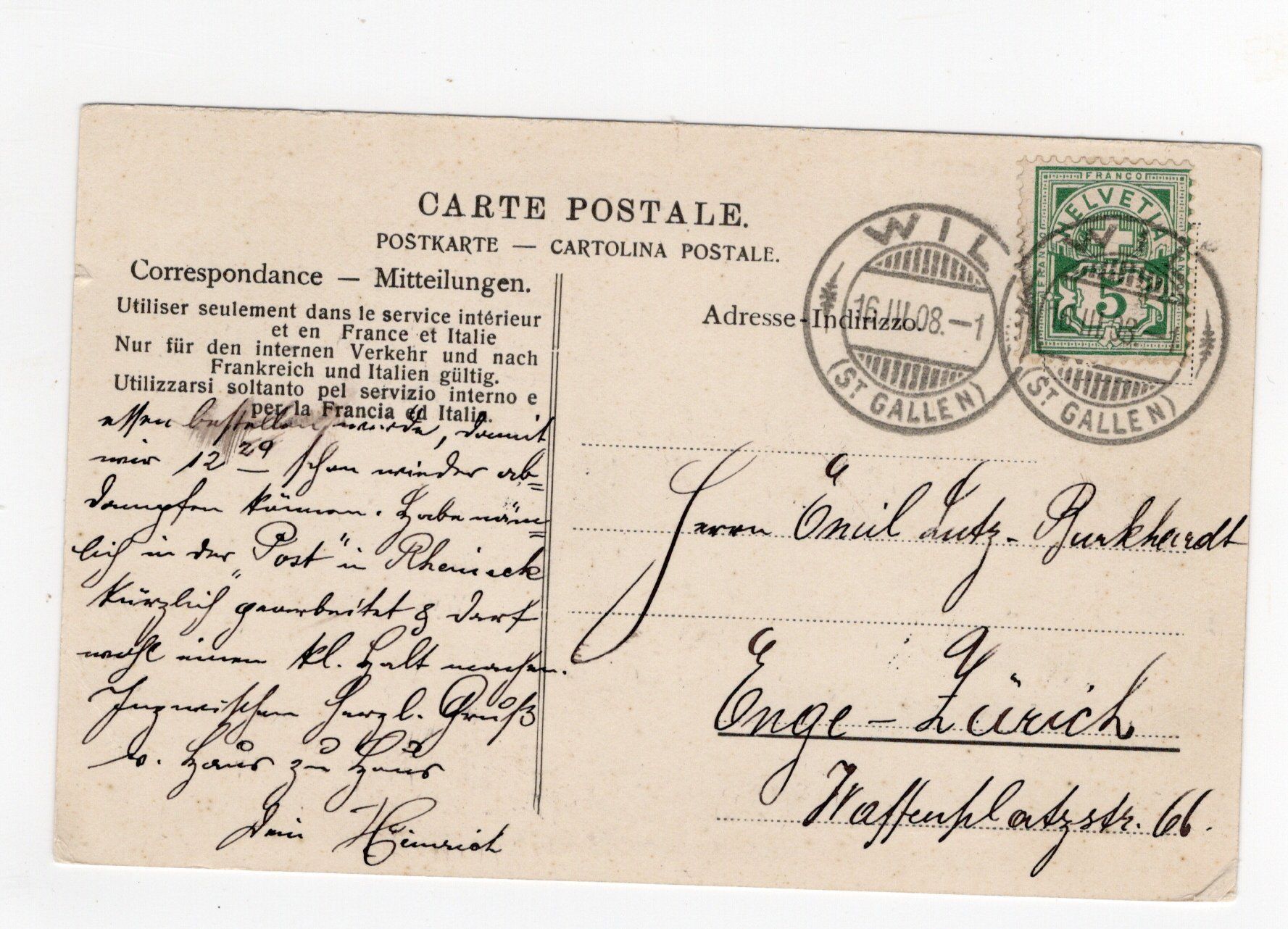 Cartoline postali: Wil Möbelgeschäft 1908 – Usato da Rapperswil SG venduto da INTELVI 1