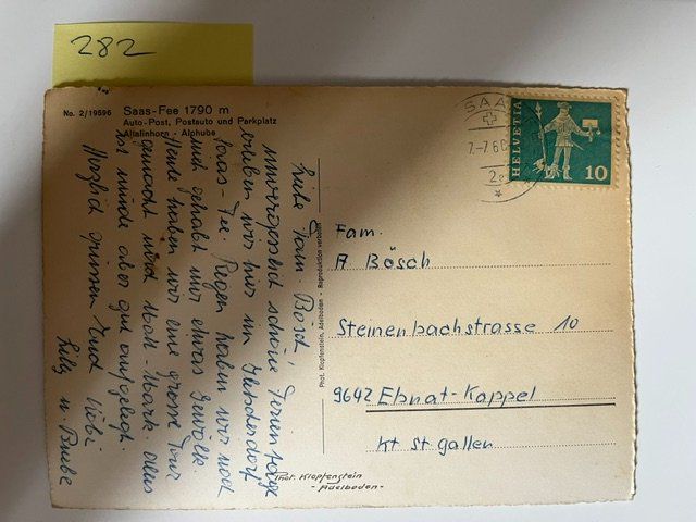 Cartoline postali: Ansichtskarte Saas-Fee 1790 m Auto-Post und Parkplatz, 1960 – Usato da Niederwil AG venduto da dahu75 1