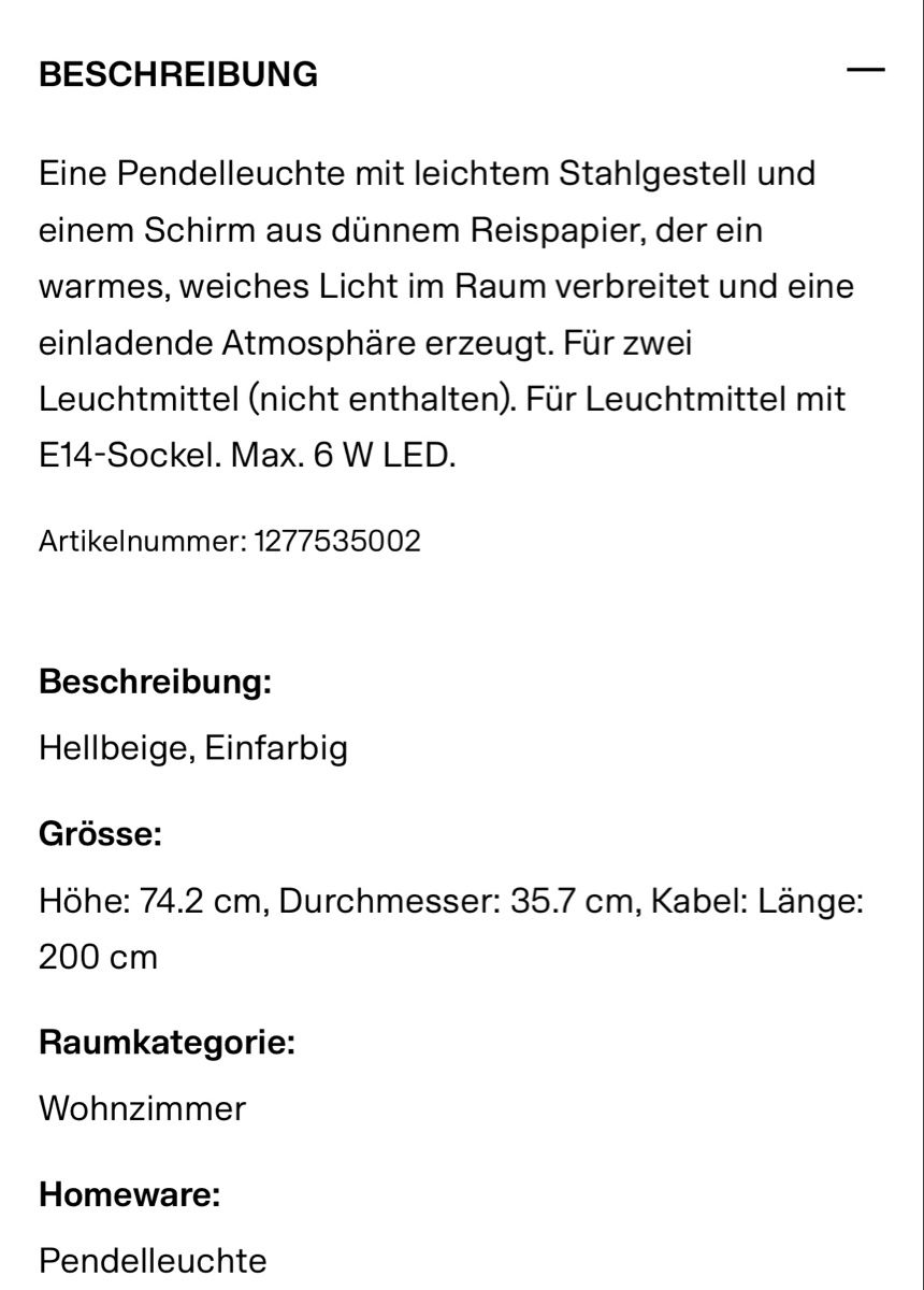 H&M Lampadari & plafoniere: Pendelleuchte Papier – Nuovo e nell'imballaggio originale da Zürich venduto da car_6g7b 4