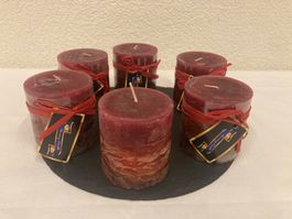 Kerzen 6,8x7,2 cm, 6 Stück, d.rot marmoriert, Raureif