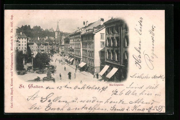 Cartoline postali: St. Gallen, Marktgasse mit Geschäften – Usato da Berlin venduto da bartko-reher