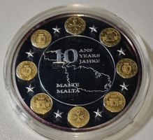 versilberte Medaille 40 mm PP, 10 Jahre Euro - Malta