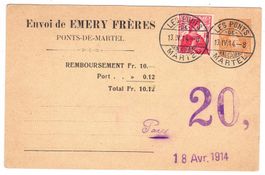 Entier postal Les Ponts Martel le 18.IV.14