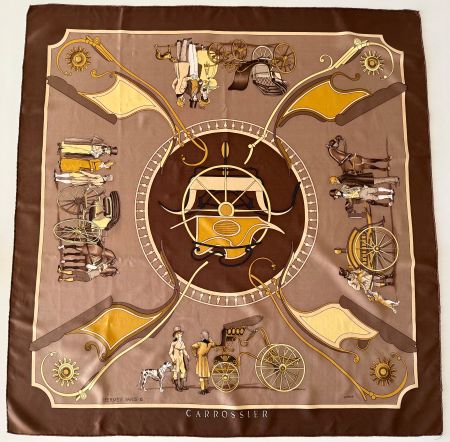 Superbe foulard HERMES-Paris "Carrossier" 1975 +box original