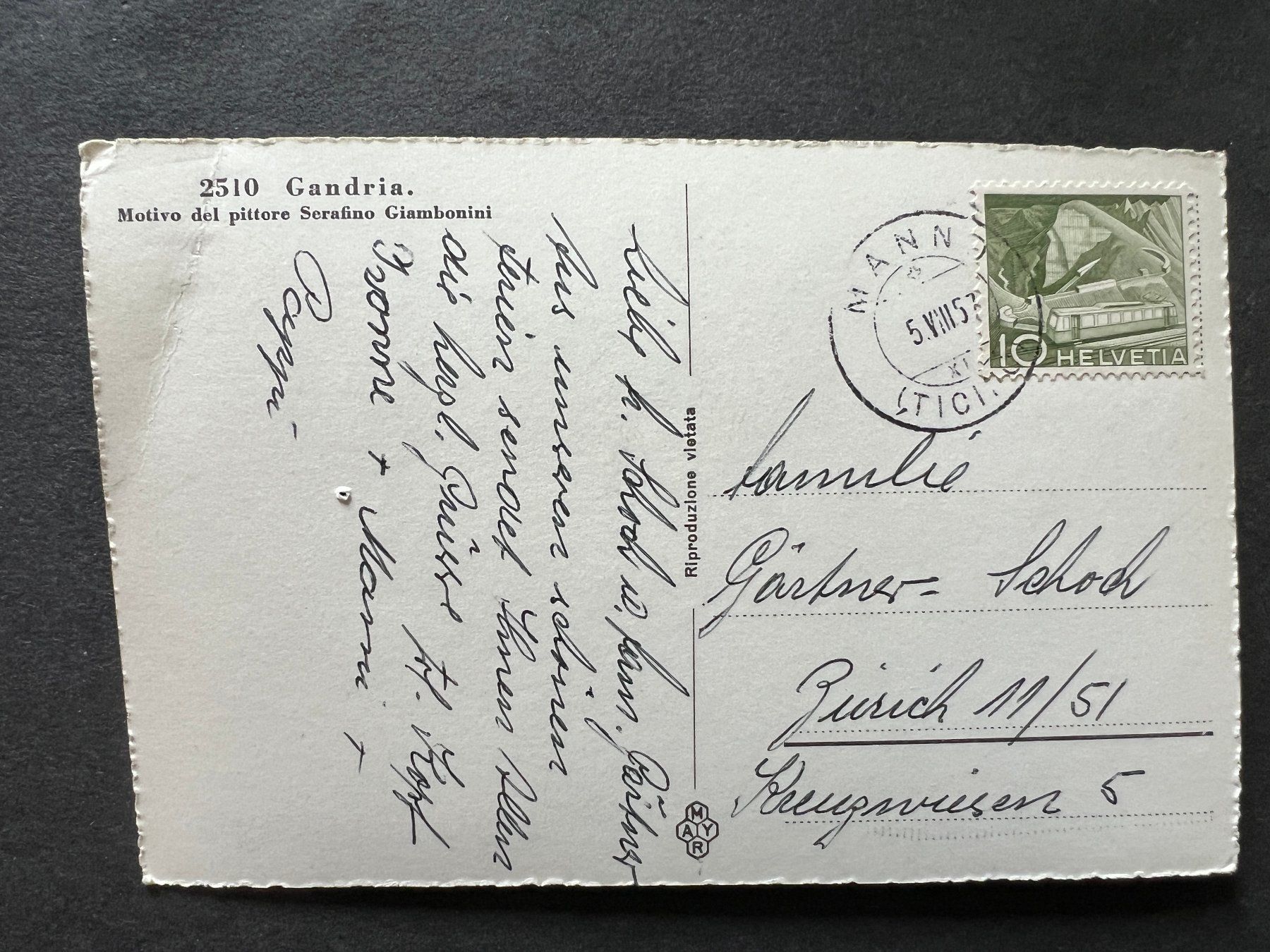 Cartoline postali: Ansichtskarte Gandria 1957  (M208) – Usato da Hinwil venduto da Sidi4 1