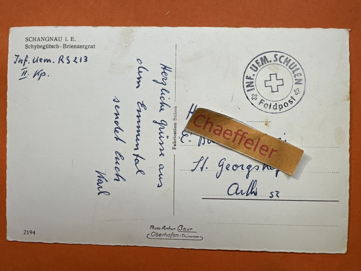 Cartoline postali: Feldpost: Schongau I. E. Schybegütsch - Brienzergrat – Usato da Zürich venduto da Chaeffeler 1