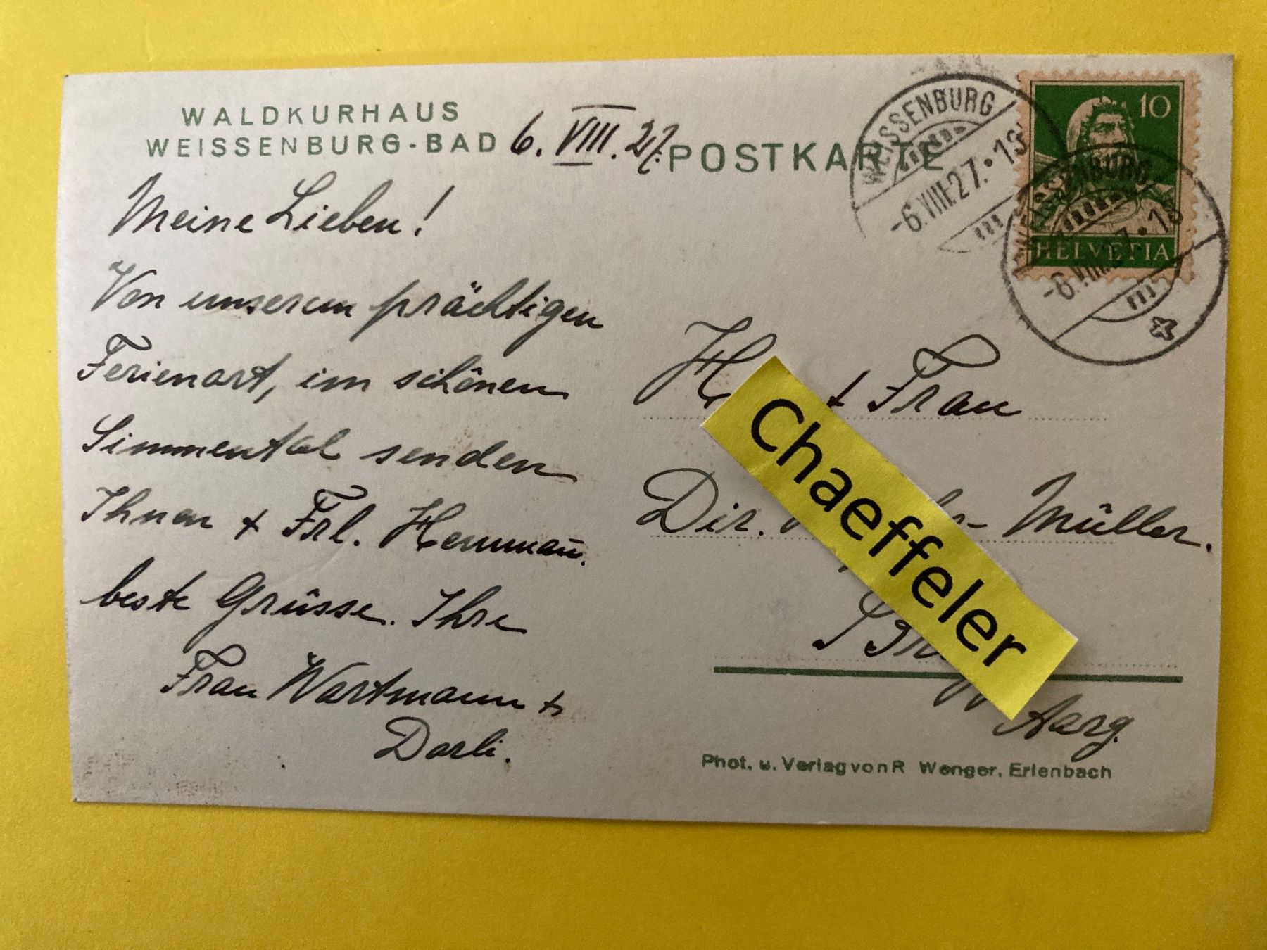 Cartoline postali: 1927 Waldkurhaus Weißenburg-Bad – Usato da Zürich venduto da Chaeffeler 1