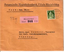 Wertbrief mit Siegel, AG Hypothekenbank Filiale Rheinfelden