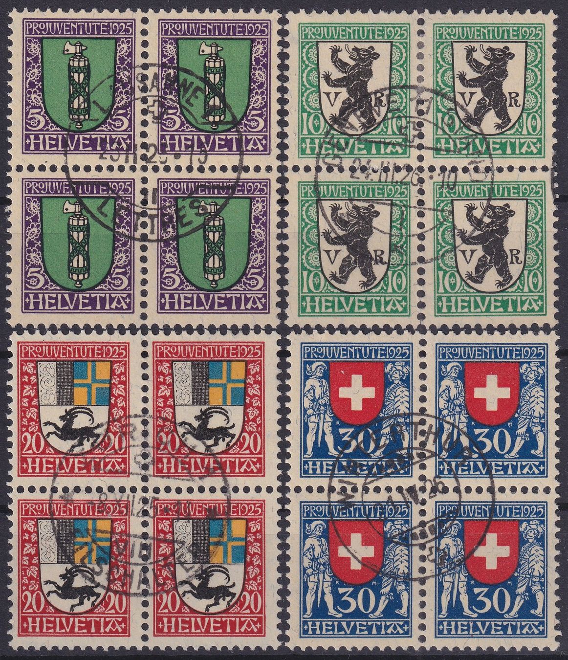 Alle Briefmarken: PJ 1925 Viererblöcke gestempelt, Kat: 180.- – Gebraucht aus Ebikon von SilvioFreund