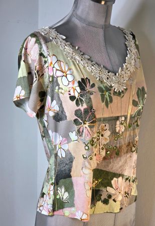 M 38/40 VANGO PARIS florales Blusen T-Shirt m Häkelspitzen